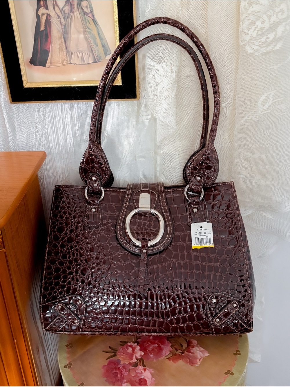 Office siren mob wife glossy faux crocodile brown handbag
